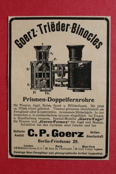 Blatt Historische Werbung C P Goerz Foto Trieder Binocles 1905 Berlin Friedenau 26 Optik Prismen Doppelfernrohre Fernglas
